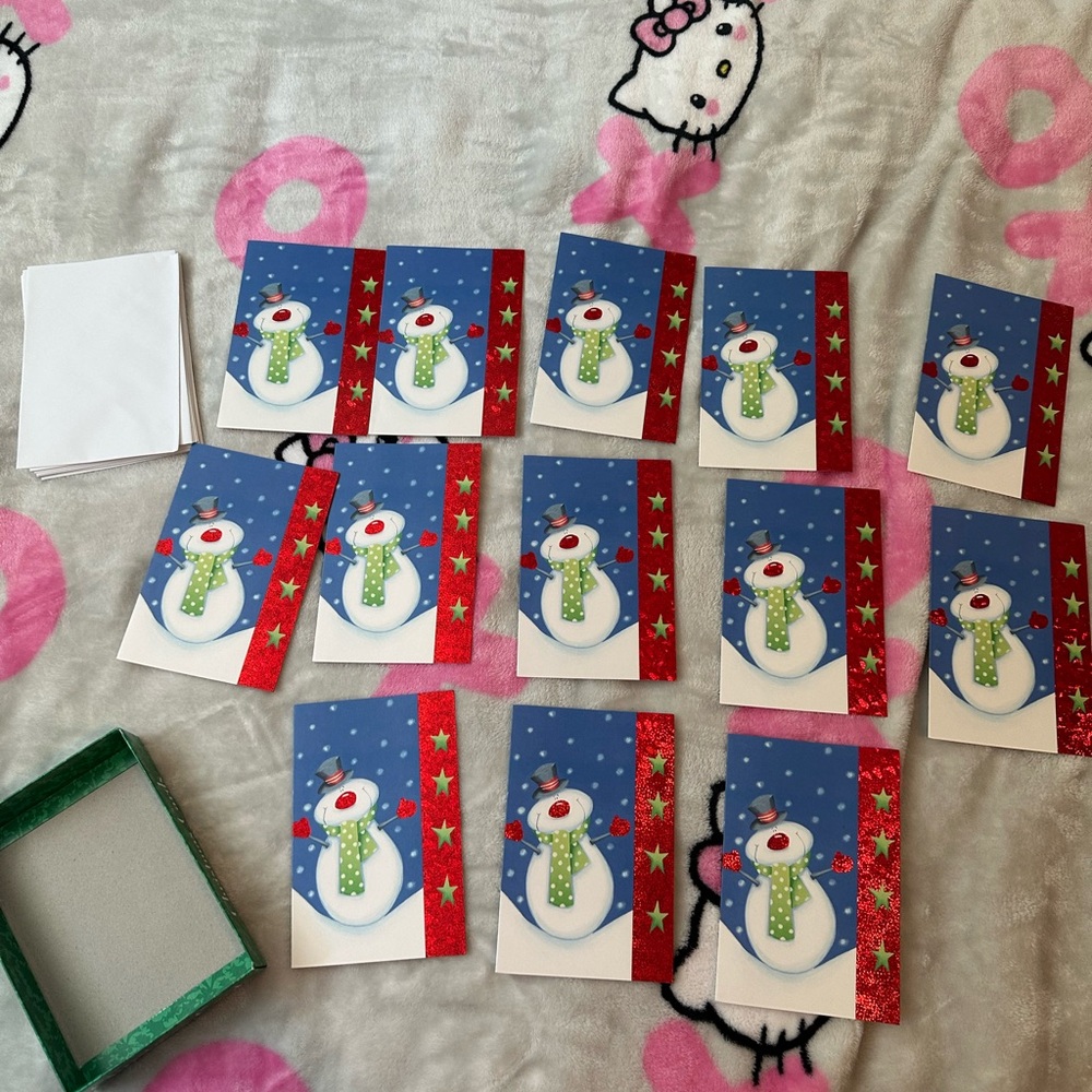 13 blue and red snowman holiday Christmas cards and white envelopes